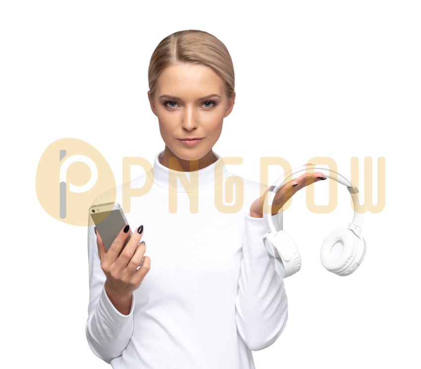 Woman in White Outfit Holding Headphones and Smartphone