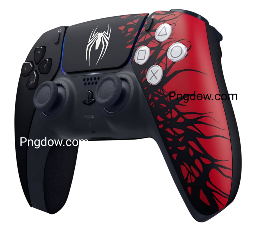 A PlayStation 5 controller featuring a Spider Man design, showcasing vibrant colors and intricate details