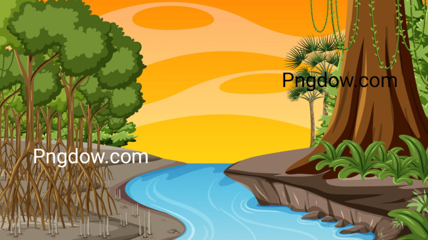 Nature scene with Mangrove forest at sunset time in cartoon for Free