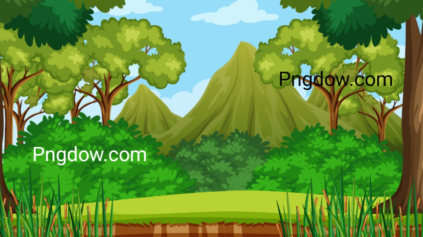 Forest scene with various forest trees and mountain backgrou for Free