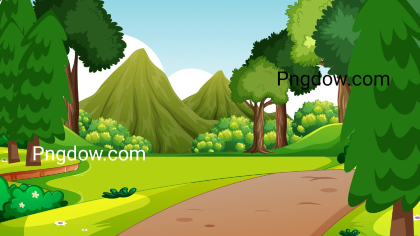 Forest scene with various forest trees and walkway lane path free