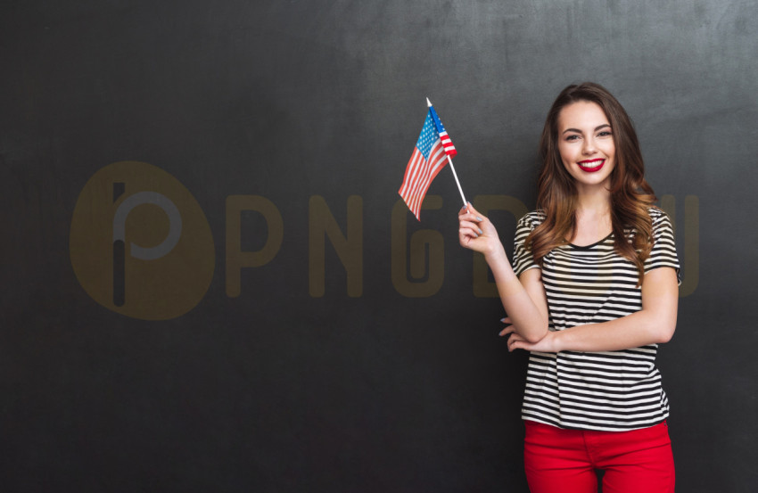 Smiling Woman Holding USA Flag
