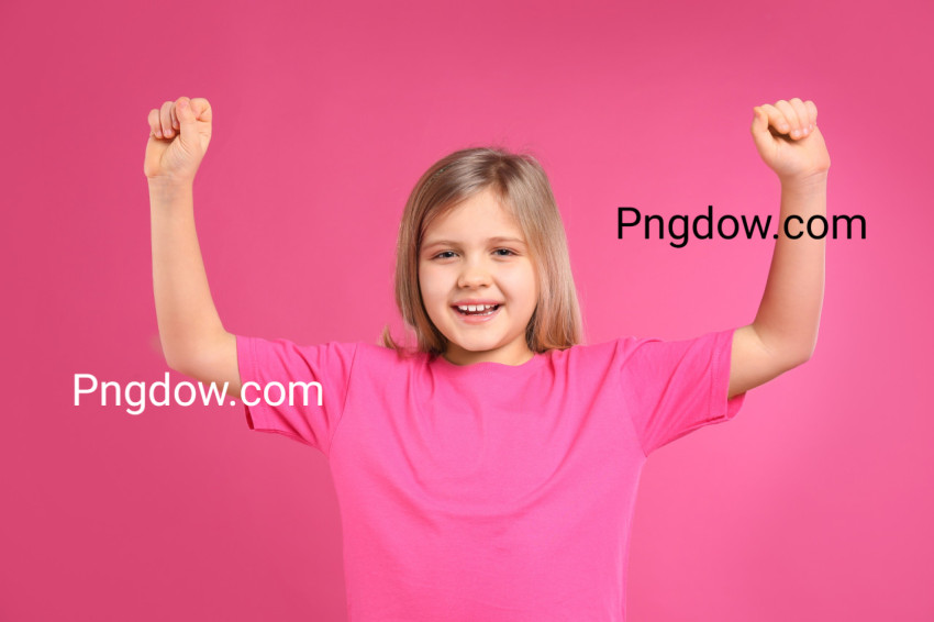 Happy Little Girl Wearing Casual Outfit on Pink Background