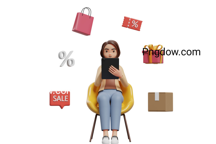 Woman sitting on yellow lounge chair doing online shopping with tablet, 3d illustration of a woman shopping