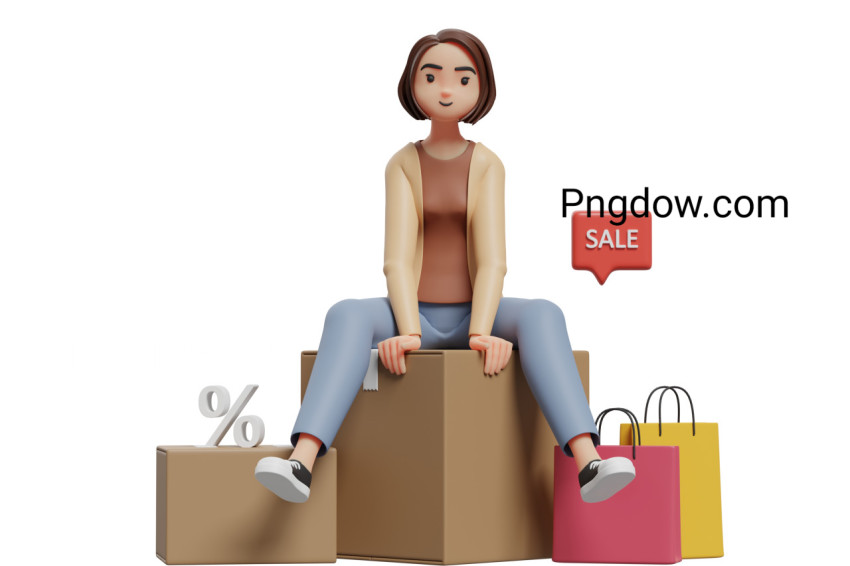 Young woman sitting on a box of groceries, 3d illustration of a woman shopping