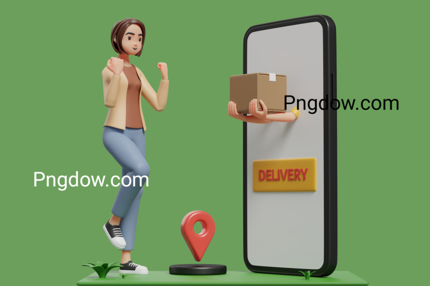 Happy woman receiving package from courier popping up from mobile screen, 3d illustration of a woman shopping
