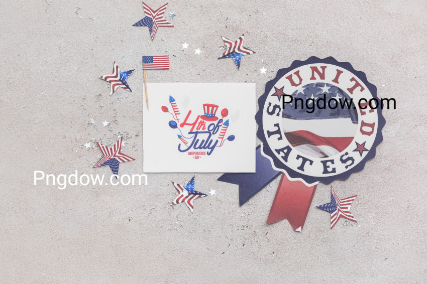 Greeting Card for Independence Day, USA Flag, Stars and Confetti on Light Background