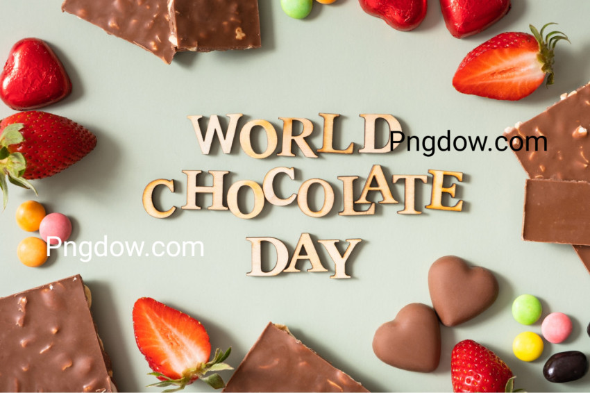 World chocolate day text with chocolate%0Aflat lay, top view on pa