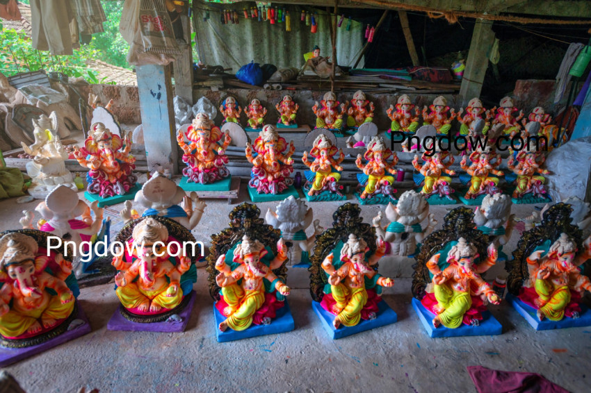 Local artisans preparing idol of God Ganesha Lord Ganesh from eco friendly clay before the Hindu festival Ganesh Chaturthi also known as Vinayaka Chaturthi in Arambol GOA, India