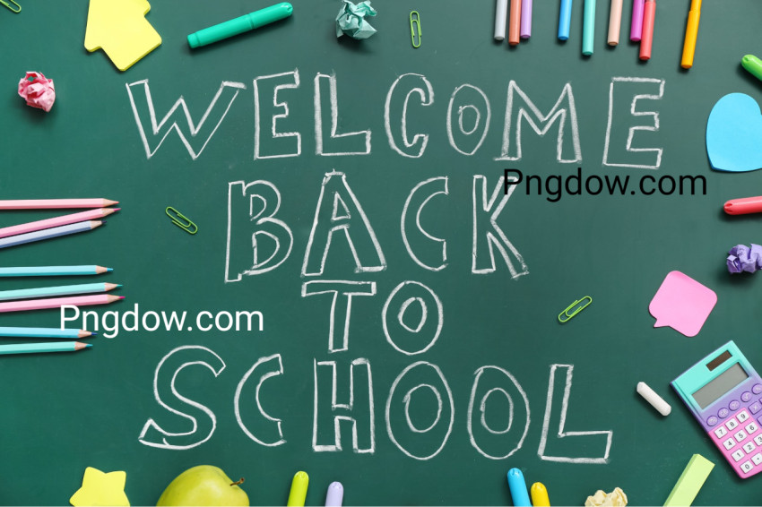Different Stationery with Text WELCOME BACK to SCHOOL on Green Chalkboard