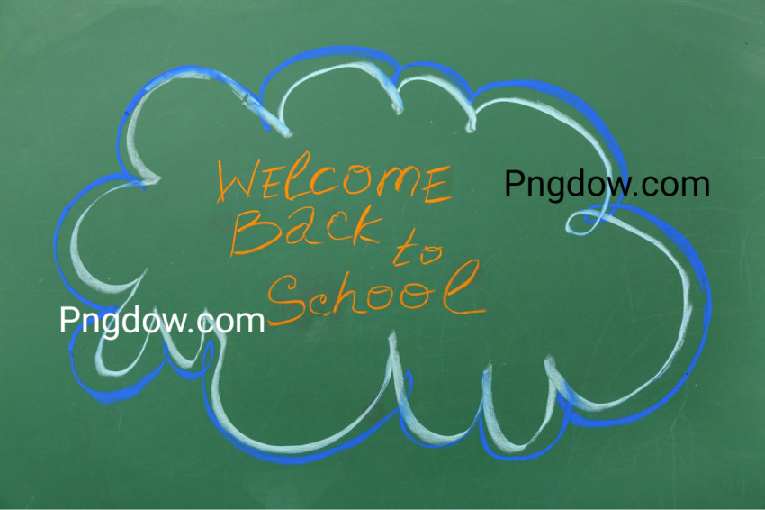 Text WELCOME BACK to SCHOOL and Drawings on Green Chalkboard
