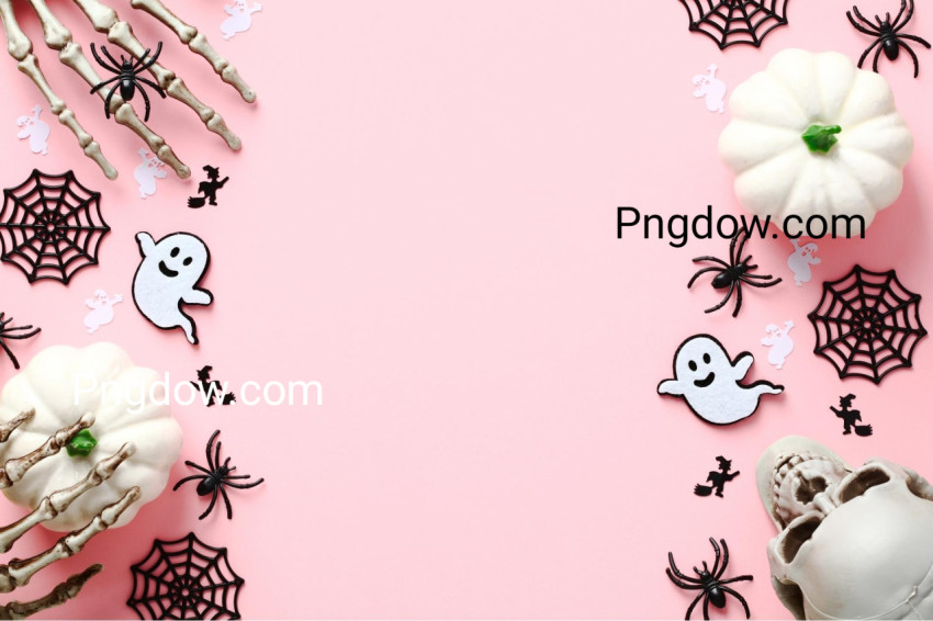 Pink Halloween Background with Cute Decorations, Ghosts, Spiders, Web, Skull  Halloween Holiday Celebration Concept  Halloween Banner Mockup, Greeting Card Template