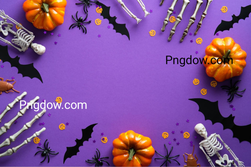 Halloween Decorations on Violet Background  Flat Lay Pumpkins, Bats, Spiders, Skeletons and Confetti  Top View with Copy Space  Halloween Concept