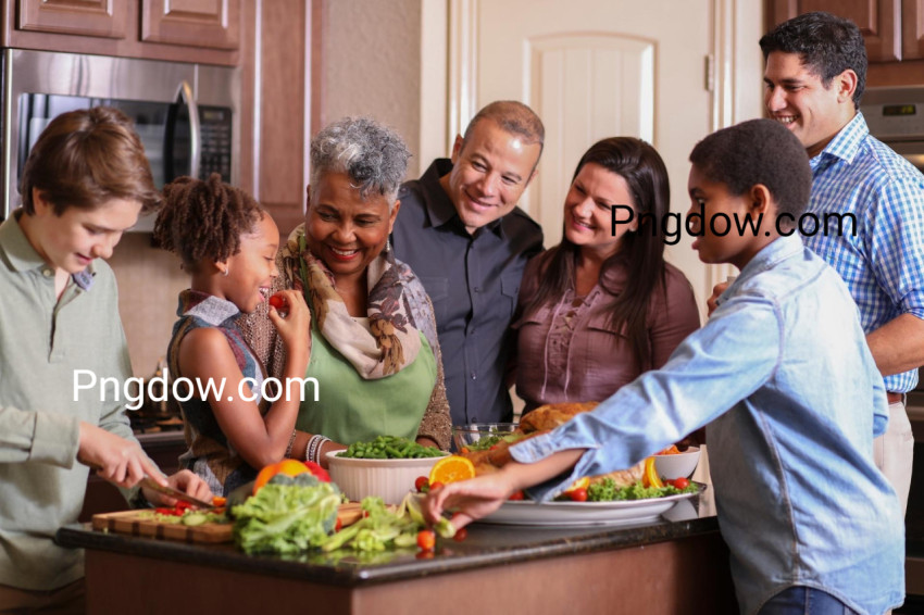 Diverse family in home kitchen cooking Thanksgiving dinner