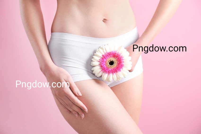 Young Woman Holding Flower near Underwear on Color Background  Gynecology