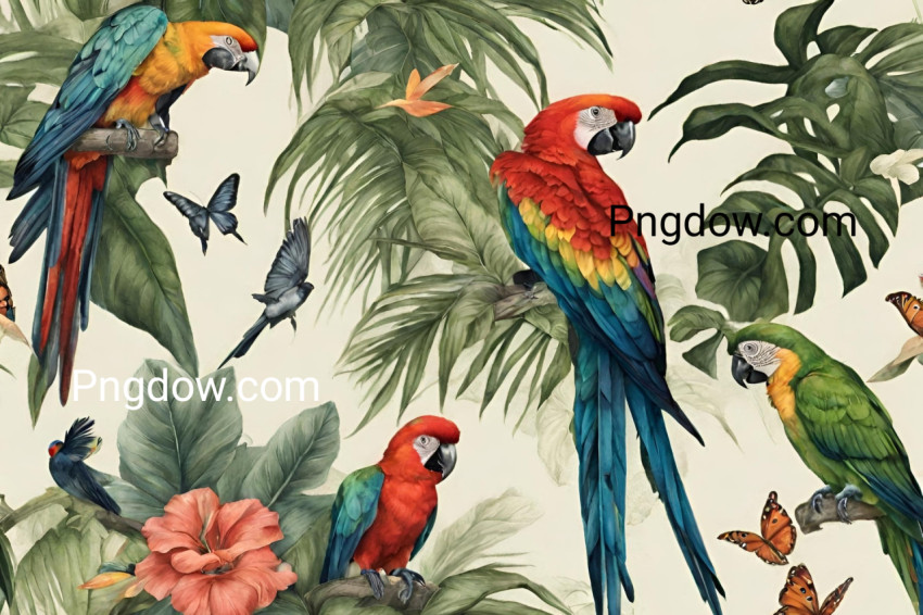 Wallpaper jungle and leaves tropical forest mural parrot and birds butterflies old drawing vintage background