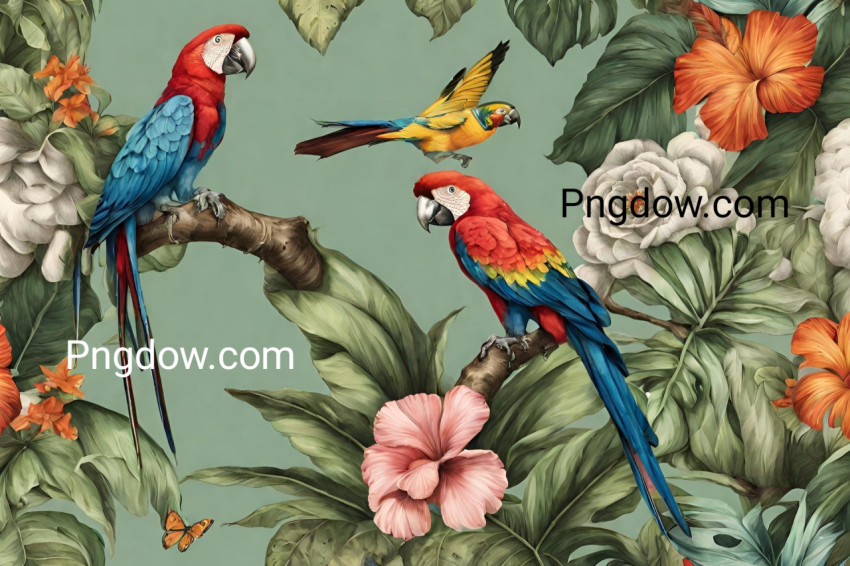 Wallpaper jungle and leaves tropical forest mural parrot and birds butterflies old drawing vintage background free download