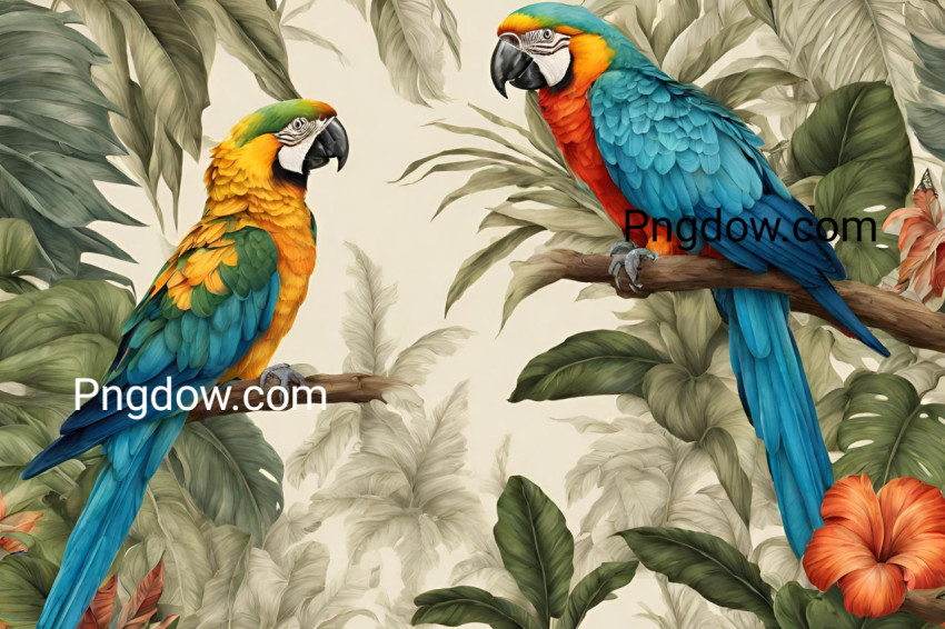 Wallpaper jungle and leaves tropical forest mural parrot and birds butterflies old drawing vintage background image free