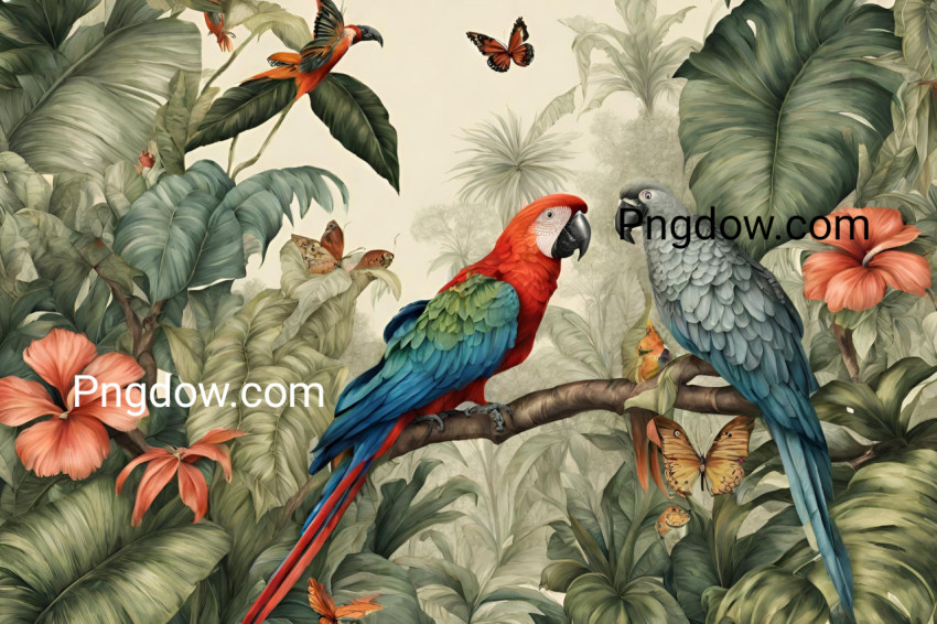 Wallpaper jungle and leaves tropical forest mural parrot and birds butterflies old drawing vintage background free