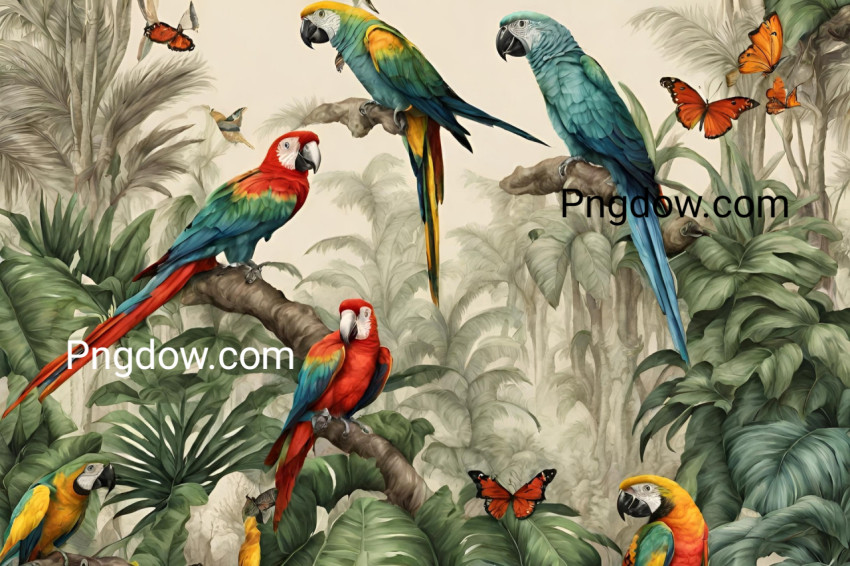 Wallpaper jungle and leaves tropical forest mural parrot and birds butterflies old drawing vintage background for free