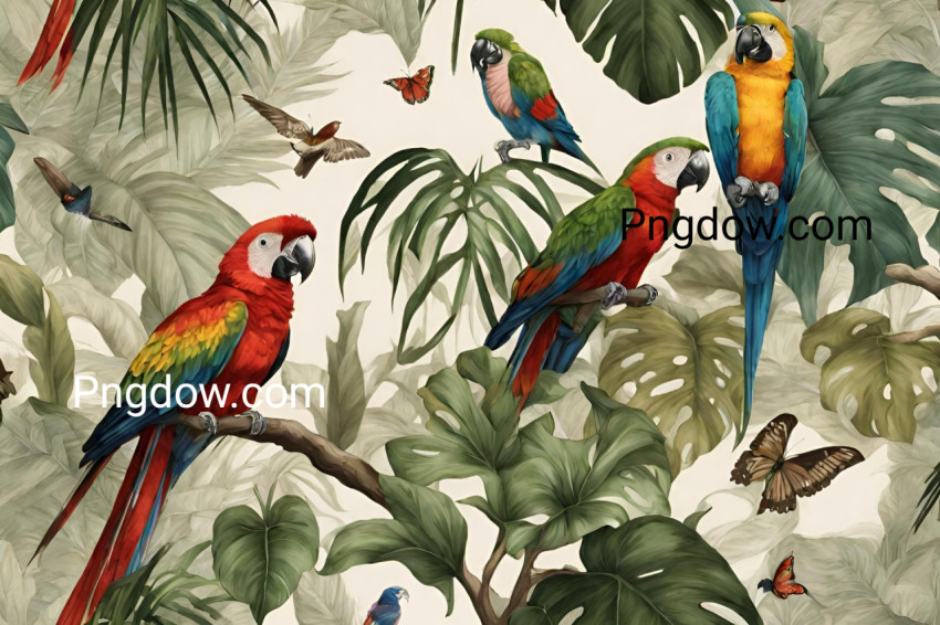 Wallpaper jungle and leaves tropical forest mural parrot and birds butterflies old drawing vintage background, free