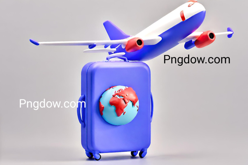 Luggage tourism trip planning world tour with airplane, location on suitcase of travel online, leisure touring holiday summer concept  passsport, recreation, 3d render illustration for free