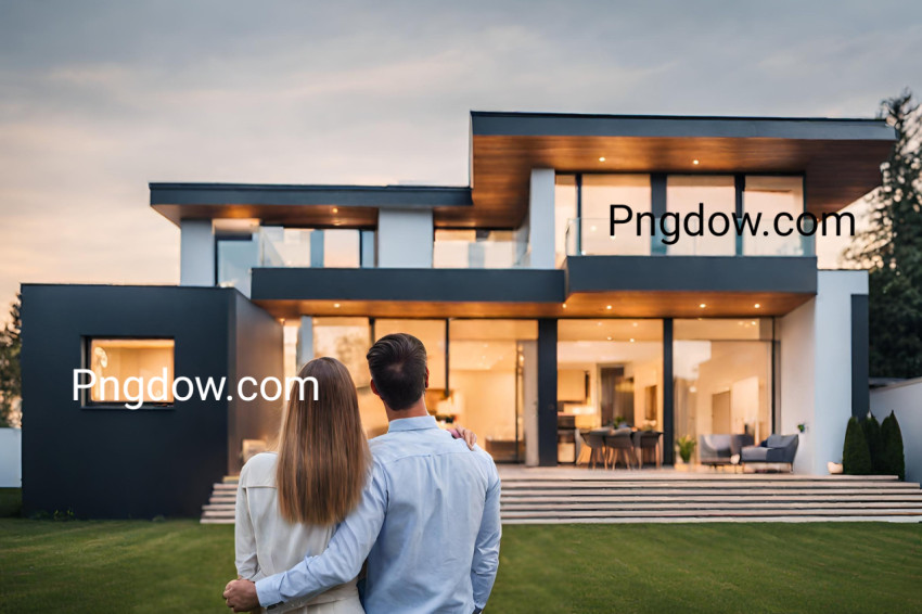 Couple embracing in front of their new big modern house, rear view  Buying your dream home  Mortgage, home loan concept background free