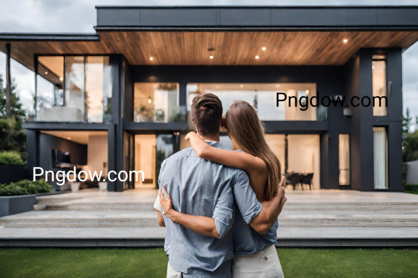 Couple embracing in front of their new big modern house, rear view  Buying your dream home  Mortgage, home loan concept background