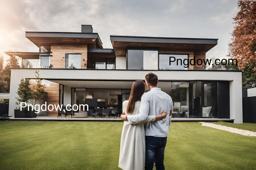 Couple embracing in front of their new big modern house, rear view  Buying your dream home  Mortgage, home loan concept, free