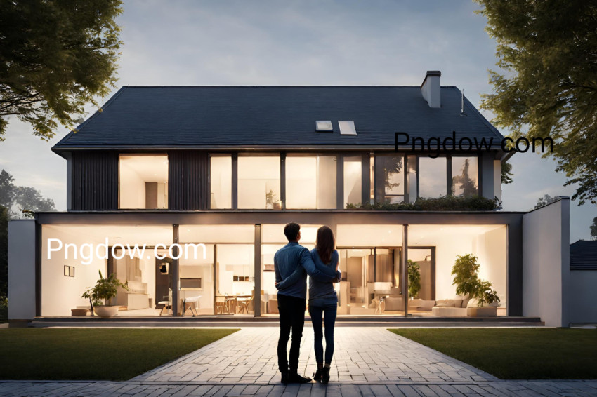 Couple embracing in front of their new big modern house, rear view  Buying your dream home  Mortgage, home loan concept