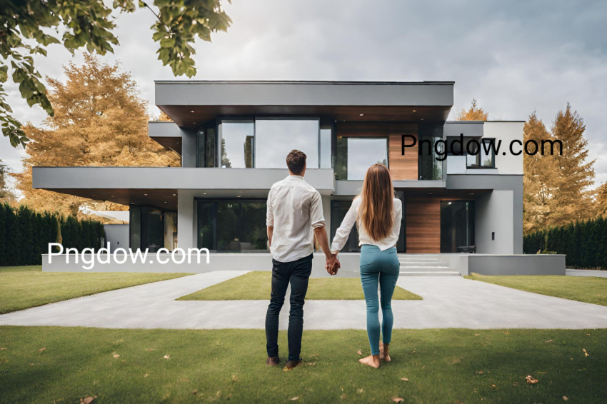 Couple embracing in front of their new big modern house, rear view  Buying your dream home  Mortgage, home loan concept background for free