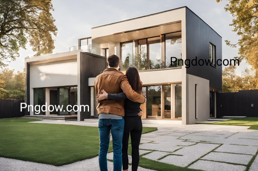 Couple embracing in front of their new big modern house, rear view  Buying your dream home  Mortgage, home loan concept, background