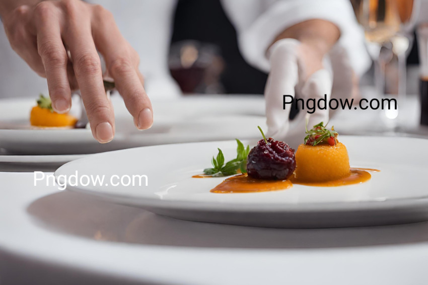 Modern food stylist decorating meal for presentation in restaurant  Closeup of food stylish  Restaurant serving  Close up on the hand of a waiter carrying food free