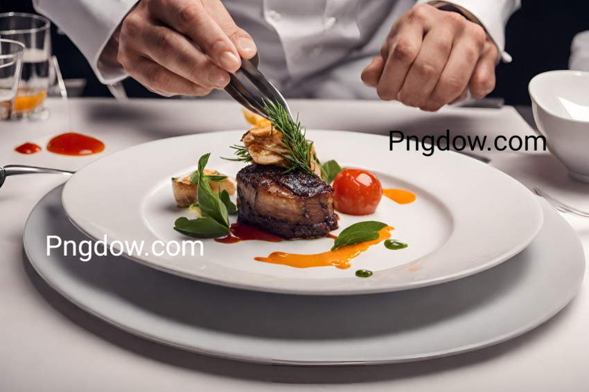 Modern food stylist decorating meal for presentation in restaurant  Closeup of food stylish  Restaurant serving  Close up on the hand of a waiter carrying food