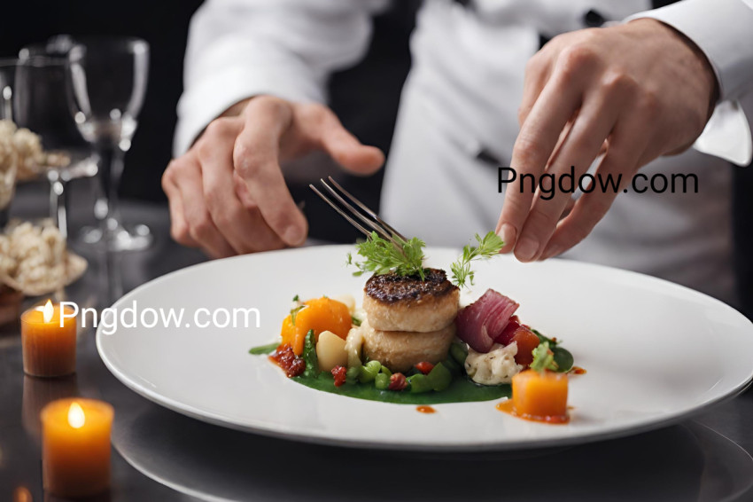 Modern food stylist decorating meal for presentation in restaurant  Closeup of food stylish  Restaurant serving  Close up on the hand of a waiter carrying food for free