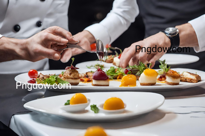 Modern food stylist decorating meal for presentation in restaurant  Closeup of food stylish  Restaurant serving  Close up on the hand of a waiter carrying food free image