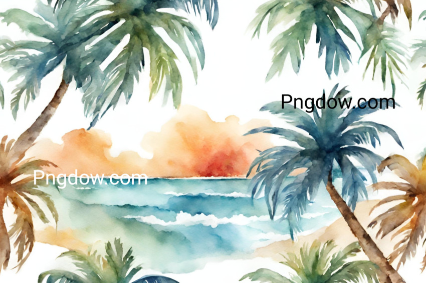 Holiday summer travel vacation illustration   Watercolor painting of palms, palm tree on teh beach with ocean sea, design for logo or t shirt, isolated on free image