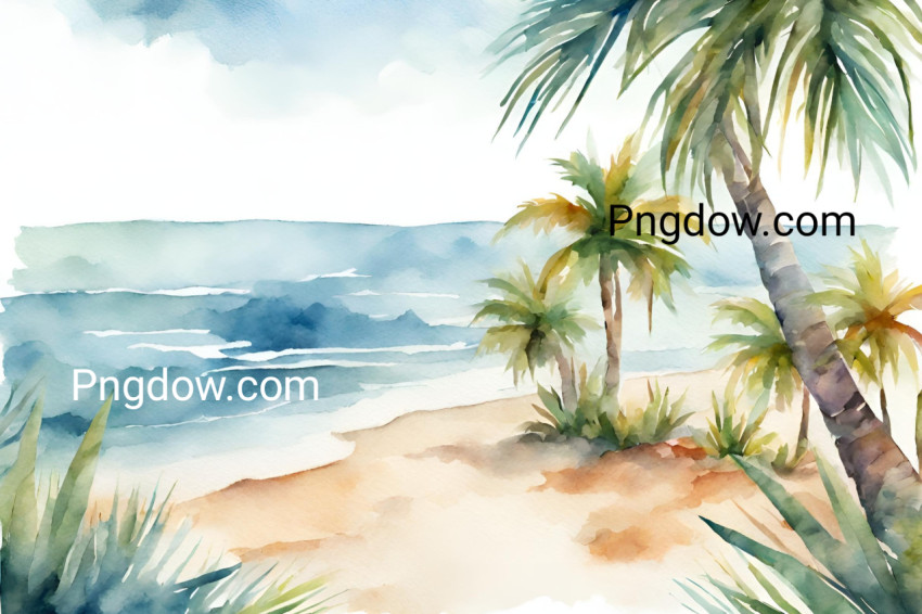 Holiday summer travel vacation illustration   Watercolor painting of palms, palm tree on teh beach with ocean sea, design for logo or t shirt, isolated on white background free download
