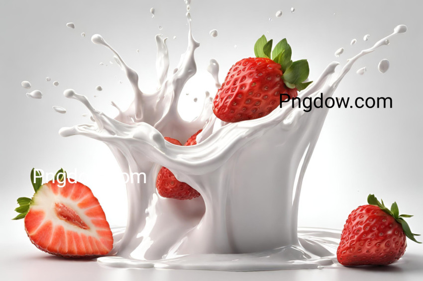 Deliciously Refreshing 3D Rendered Milk and Yogurt Splash with Strawberries on White Background