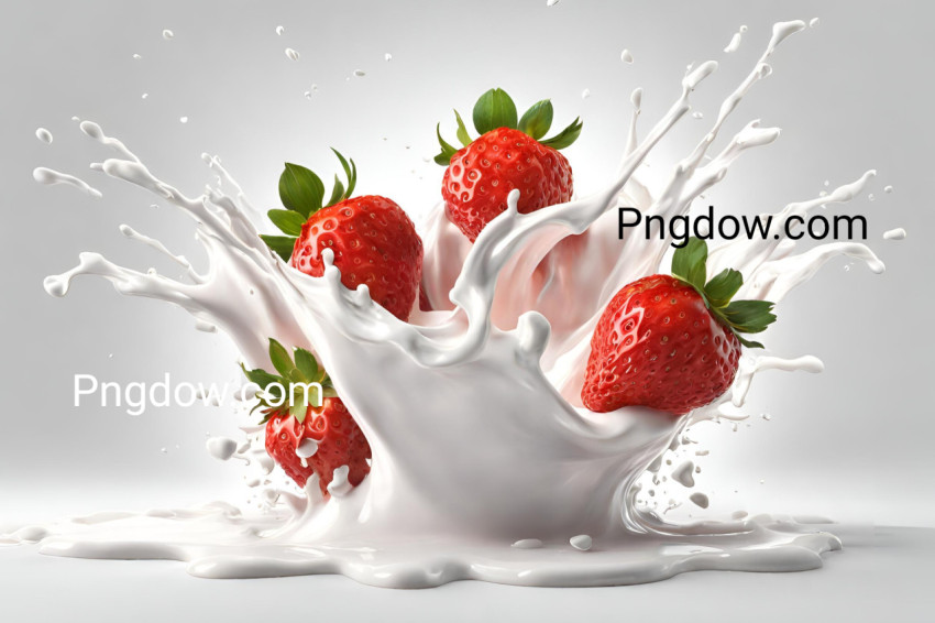 Milk or yogurt splash with strawberries isolated on white background, 3d rendering