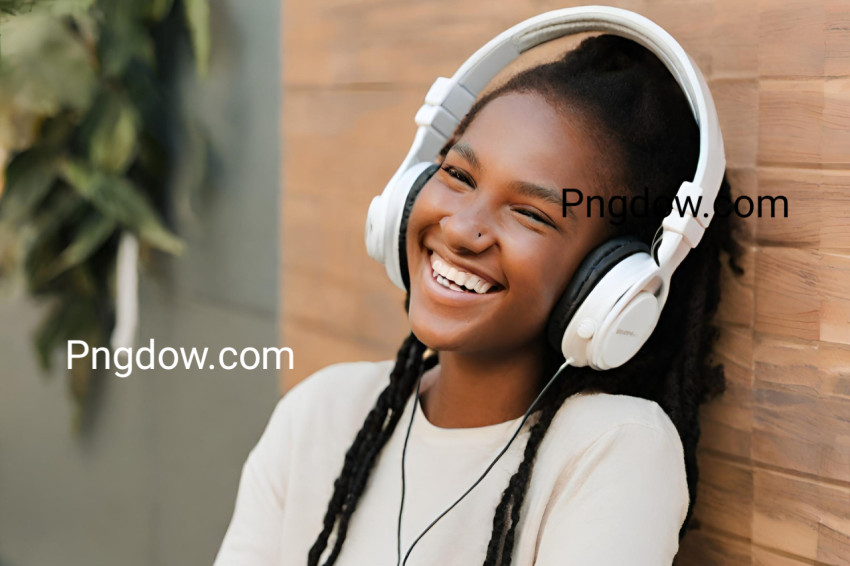 Portrait of smiling young woman listening music with headphones image