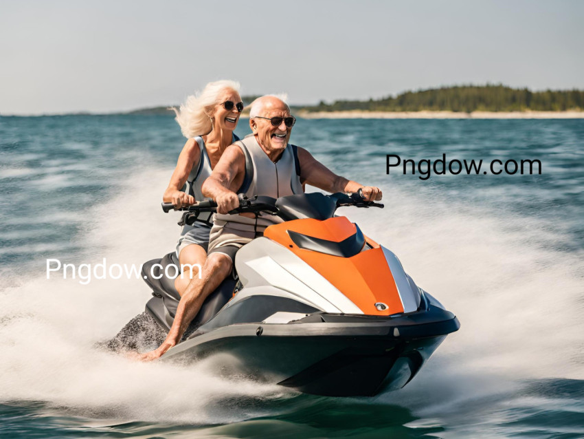 Closeup side view of a senior couple riding a jet ski on a sunny summer day at open sea  The man is driving quickly through the waves, and the lady is hardly holding on generator Ai