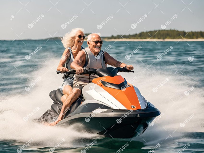 Closeup side view of a senior couple riding a jet ski on a sunny summer day at open sea  The man is driving quickly through the waves, and the lady is hardly holding on generator Ai