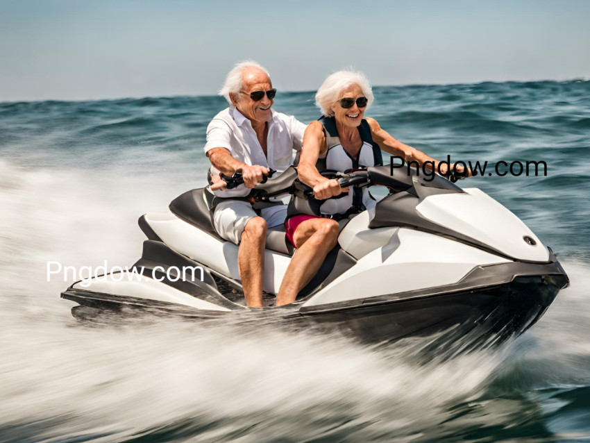 Closeup side view of a senior couple riding a jet ski on a sunny summer day at open sea  The man is driving quickly through the waves, and the lady is hardly holding on free image