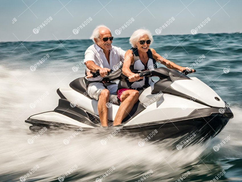 Closeup side view of a senior couple riding a jet ski on a sunny summer day at open sea  The man is driving quickly through the waves, and the lady is hardly holding on free image