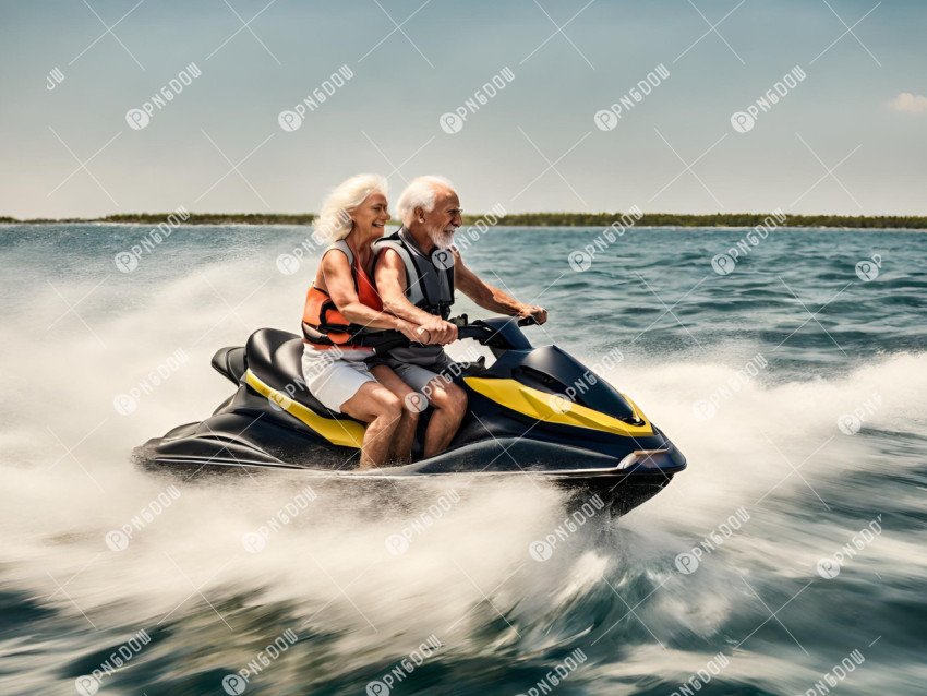 Closeup side view of a senior couple riding a jet ski on a sunny summer day at open sea  The man is driving quickly through the waves, and the lady is hardly holding on , free download