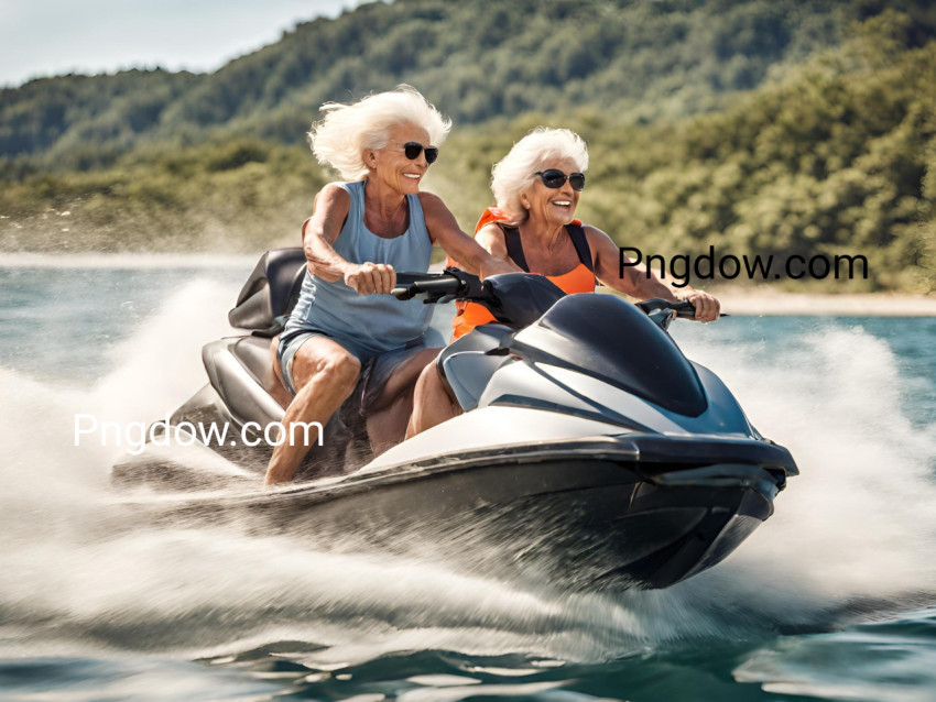 Closeup side view of a senior couple riding a jet ski on a sunny summer day at open sea  The man is driving quickly through the waves, and the lady is hardly holding on image free