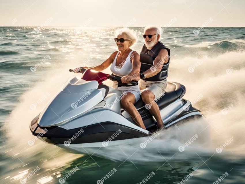 Closeup side view of a senior couple riding a jet ski on a sunny summer day at open sea  The man is driving quickly through the waves, and the lady is hardly holding on