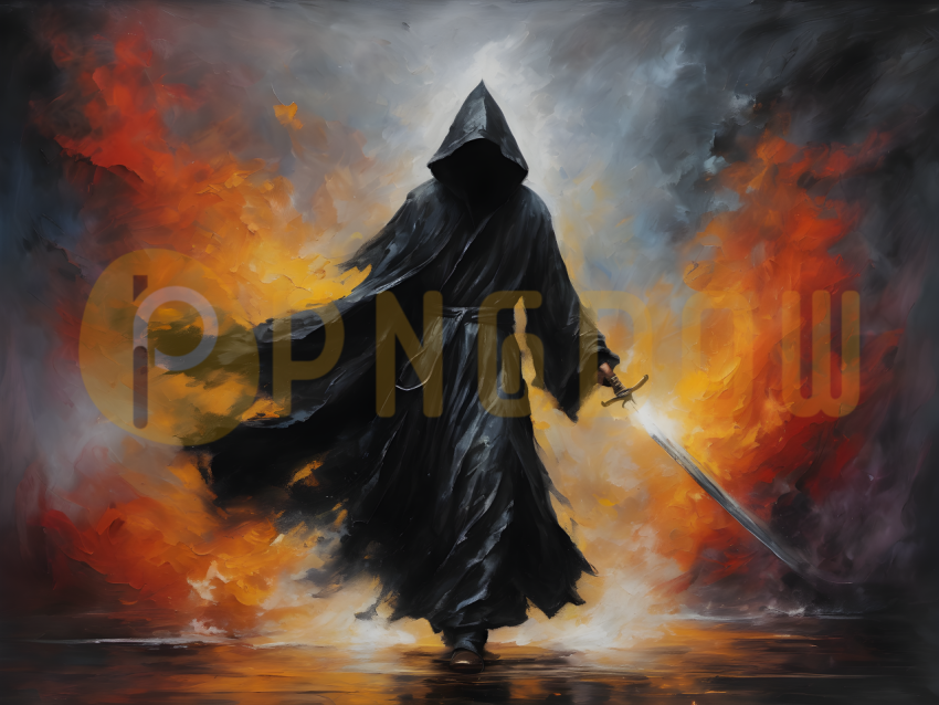 Dark hooded figure holds large sword in left hand (smoke flowing out of robe
