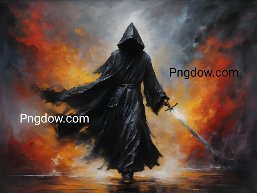 Dark hooded figure holds large sword in left hand (smoke flowing out of robe